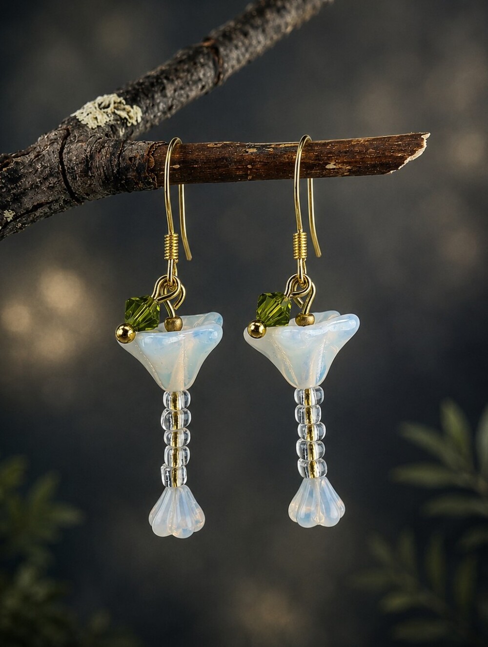 Martini Glass Earrings Green Olive Czech Glass Gold Tone Hand Crafted - Picture 4 of 6